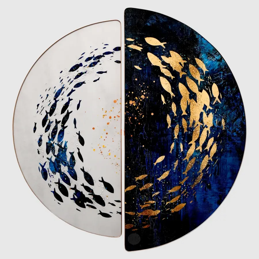 Golden & Navy Blue Fishes D Shape Crystal Painting