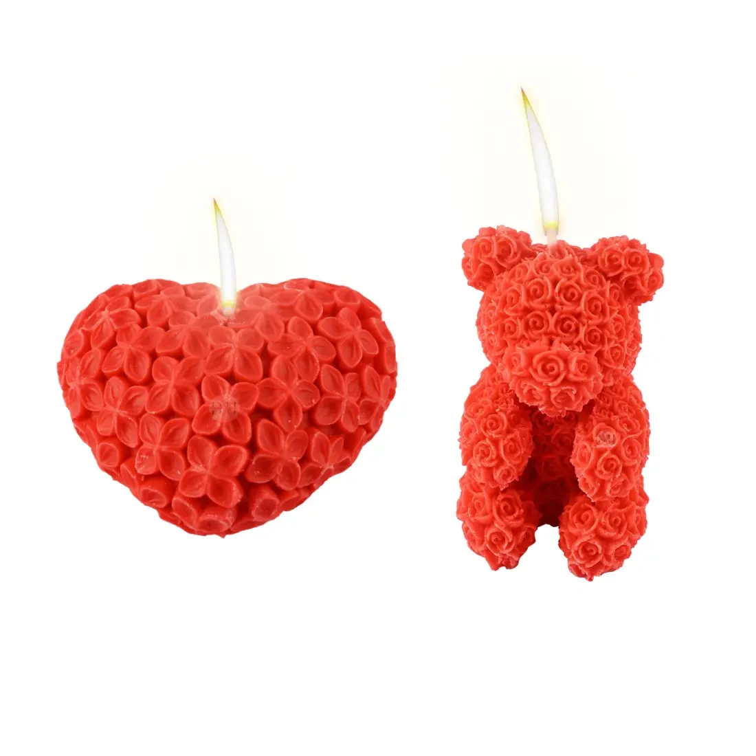 Heart Shaped Red Flowers and Adorable Teddy Bear Wax Candle Combo