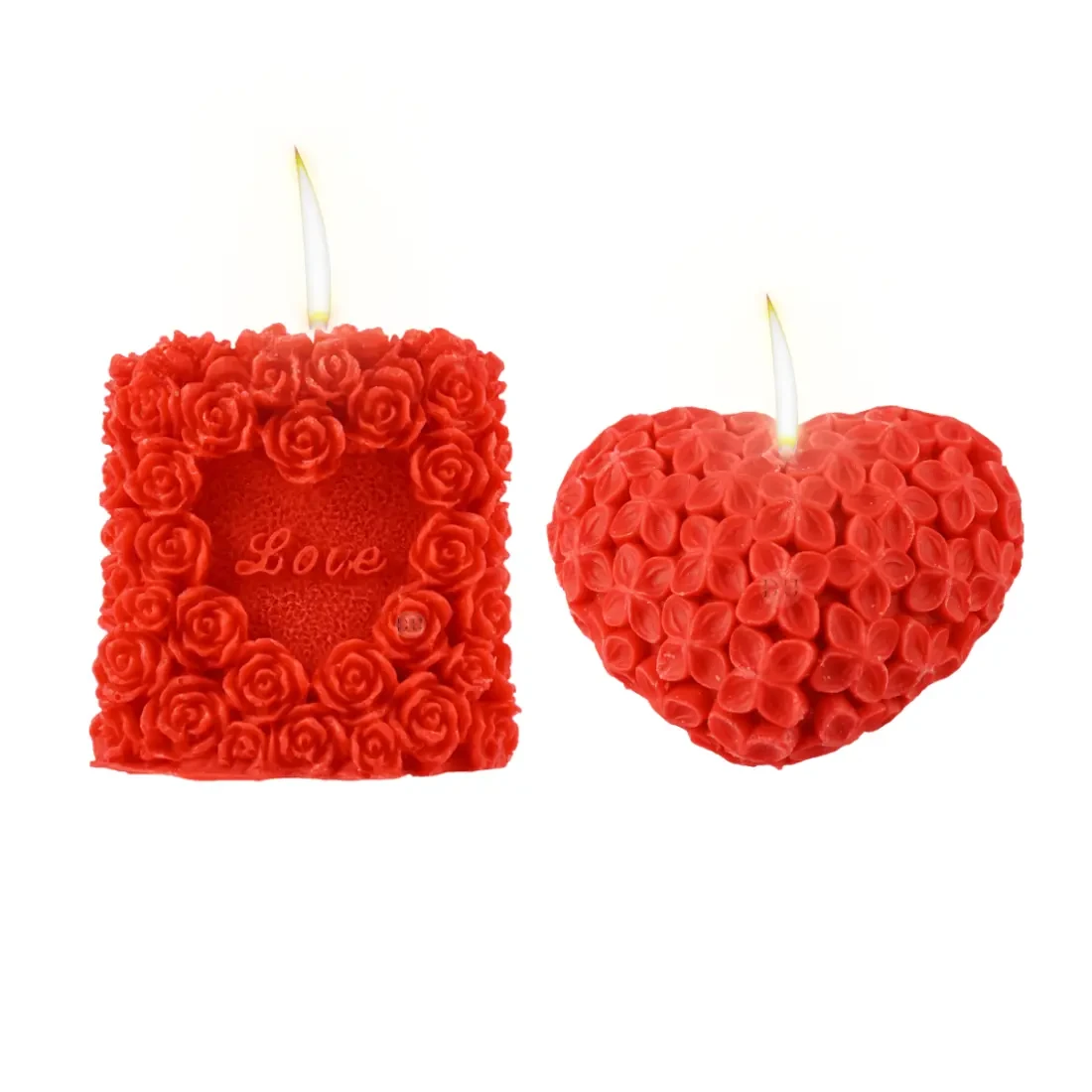 3D Red Rose Heart & Heart Shaped Red Flowers Wax Candle Combo