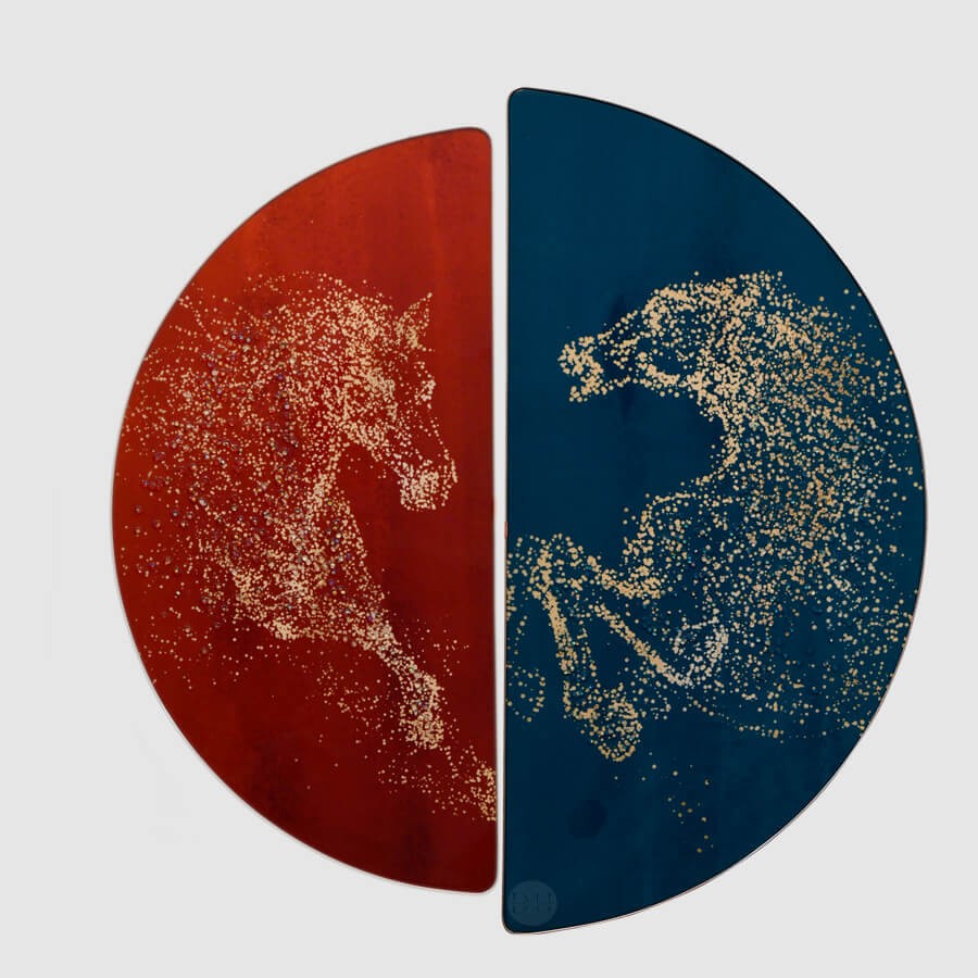 Set Of Two Semi Circles Running Horses D Shape Crystal Painting